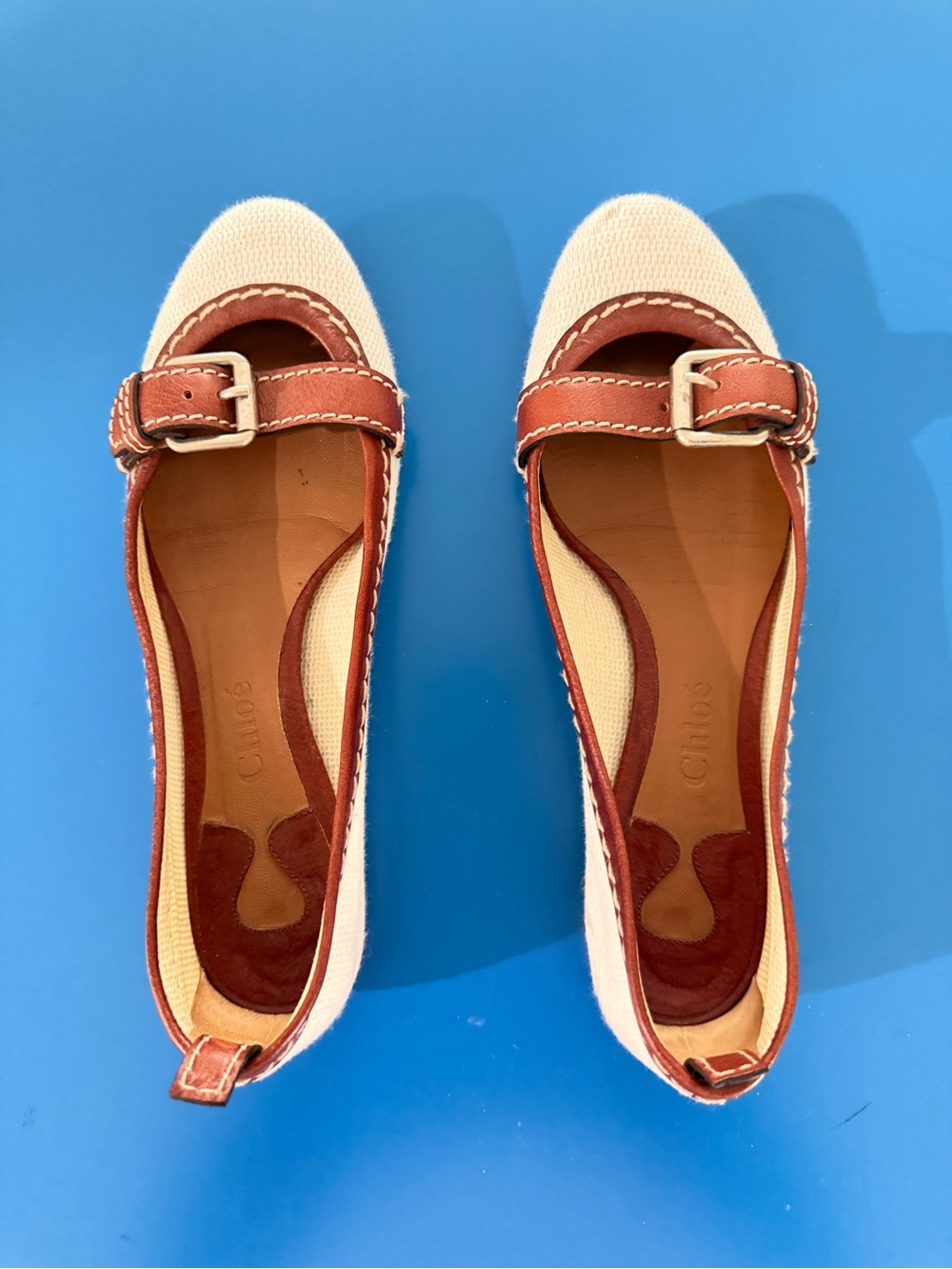 Chloe Cream Canvas and Brown Leather Buckle Flats. Size 7. Very Good Condition.